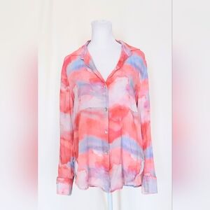Bella Dahl Size XS V Neck Long Sleeve Button Down Shirt Pink Blue